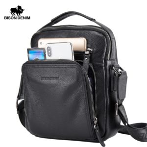 BISON DENIM Genuine Leather Men Bags Ipad Handbags Male Messenger Bag Man Crossbody Shoulder Bag Men’s Travel Bags N2333-1BS