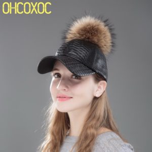 OHCOXOC women fashion winter baseball cap with mink fur pompom Snakeskin pattern Pu leather new fashion woman winter hats