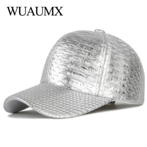 Wuaumx NEW PU Leather Baseball Cap For Men Women Spring Summer Faux Leather Hip Hop Snapback Cap Silver Fitted Hats casquette
