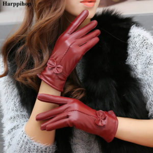2019 women’s genuine leather gloves red sheepskin gloves autumn and winter fashion female windproof gloves
