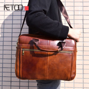 AETOO Genuine Leather Bag Men Bag Cowhide Men Crossbody Bags Men’s Travel Shoulder Bags Tote Laptop Briefcases Handbags brown