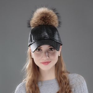 OHCOXOC women fashion winter baseball cap with mink fur pompom Snakeskin pattern Pu leather new fashion woman winter hats